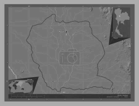 Téléchargez les photos : Phichit, province de Thaïlande. Carte d'altitude de Bilevel avec lacs et rivières. Emplacements et noms des grandes villes de la région. Corner cartes de localisation auxiliaires - en image libre de droit