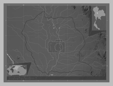 Téléchargez les photos : Phichit, province of Thailand. Grayscale elevation map with lakes and rivers. Locations of major cities of the region. Corner auxiliary location maps - en image libre de droit