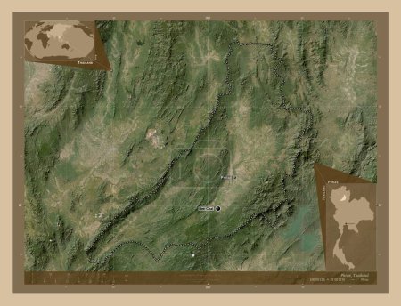 Photo for Phrae, province of Thailand. Low resolution satellite map. Locations and names of major cities of the region. Corner auxiliary location maps - Royalty Free Image
