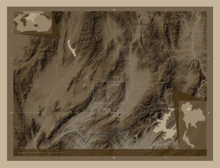 Foto de Phrae, province of Thailand. Elevation map colored in sepia tones with lakes and rivers. Locations of major cities of the region. Corner auxiliary location maps - Imagen libre de derechos