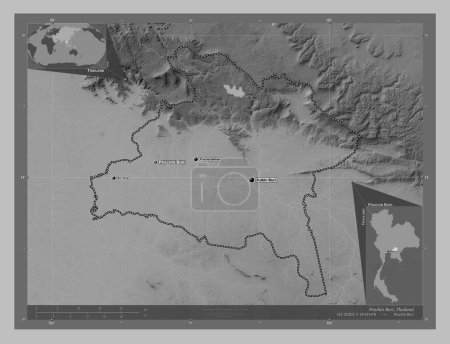 Photo for Prachin Buri, province of Thailand. Grayscale elevation map with lakes and rivers. Locations and names of major cities of the region. Corner auxiliary location maps - Royalty Free Image