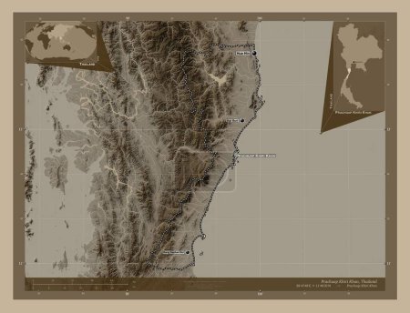 Photo for Prachuap Khiri Khan, province of Thailand. Elevation map colored in sepia tones with lakes and rivers. Locations and names of major cities of the region. Corner auxiliary location maps - Royalty Free Image