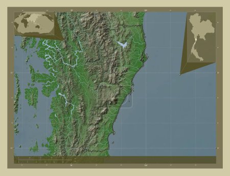 Téléchargez les photos : Prachuap Khiri Khan, province de Thaïlande. Carte d'altitude colorée dans le style wiki avec des lacs et des rivières. Corner cartes de localisation auxiliaires - en image libre de droit
