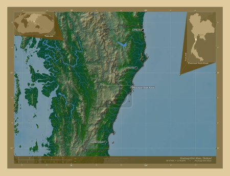 Téléchargez les photos : Prachuap Khiri Khan, province de Thaïlande. Carte d'altitude colorée avec lacs et rivières. Emplacements et noms des grandes villes de la région. Corner cartes de localisation auxiliaires - en image libre de droit