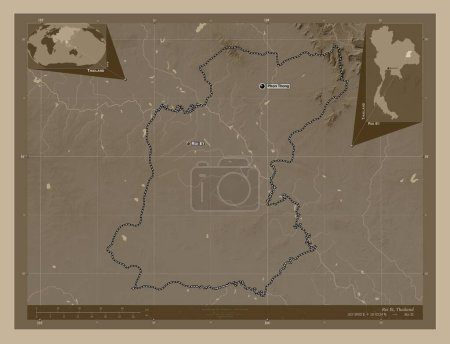Photo for Roi Et, province of Thailand. Elevation map colored in sepia tones with lakes and rivers. Locations and names of major cities of the region. Corner auxiliary location maps - Royalty Free Image