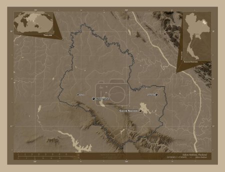 Photo for Sakon Nakhon, province of Thailand. Elevation map colored in sepia tones with lakes and rivers. Locations and names of major cities of the region. Corner auxiliary location maps - Royalty Free Image
