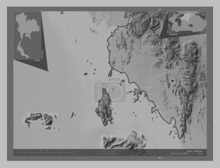 Photo for Satun, province of Thailand. Grayscale elevation map with lakes and rivers. Locations and names of major cities of the region. Corner auxiliary location maps - Royalty Free Image