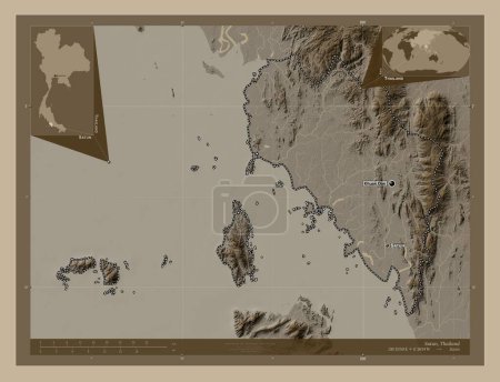 Téléchargez les photos : Satun, province of Thailand. Elevation map colored in sepia tones with lakes and rivers. Locations and names of major cities of the region. Corner auxiliary location maps - en image libre de droit