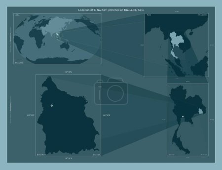 Téléchargez les photos : Si Sa Ket, province de Thaïlande. Diagramme montrant l'emplacement de la région sur des cartes à plus grande échelle. Composition des cadres vectoriels et des formes PNG sur un fond solide - en image libre de droit