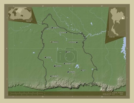 Téléchargez les photos : Si Sa Ket, province de Thaïlande. Carte d'altitude colorée dans le style wiki avec des lacs et des rivières. Emplacements et noms des grandes villes de la région. Corner cartes de localisation auxiliaires - en image libre de droit