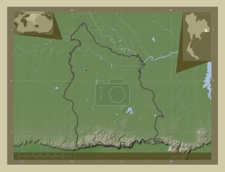Téléchargez les photos : Si Sa Ket, province de Thaïlande. Carte d'altitude colorée dans le style wiki avec des lacs et des rivières. Corner cartes de localisation auxiliaires - en image libre de droit
