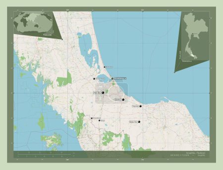 Foto de Songkhla, province of Thailand. Open Street Map. Locations and names of major cities of the region. Corner auxiliary location maps - Imagen libre de derechos
