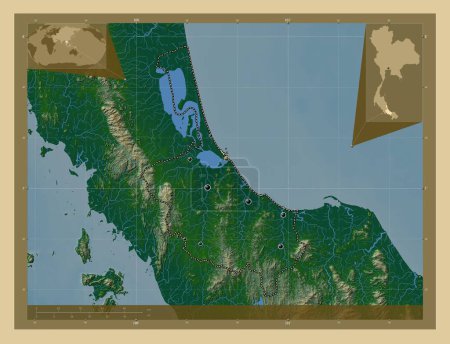 Téléchargez les photos : Songkhla, province de Thaïlande. Carte d'altitude colorée avec lacs et rivières. Emplacements des grandes villes de la région. Corner cartes de localisation auxiliaires - en image libre de droit