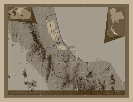Téléchargez les photos : Songkhla, province of Thailand. Elevation map colored in sepia tones with lakes and rivers. Locations and names of major cities of the region. Corner auxiliary location maps - en image libre de droit