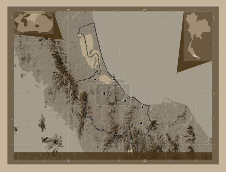 Téléchargez les photos : Songkhla, province of Thailand. Elevation map colored in sepia tones with lakes and rivers. Locations of major cities of the region. Corner auxiliary location maps - en image libre de droit