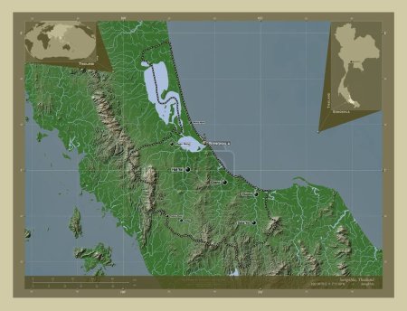 Foto de Songkhla, provincia de Tailandia. Mapa de elevación coloreado en estilo wiki con lagos y ríos. Ubicaciones y nombres de las principales ciudades de la región. Mapas de ubicación auxiliares de esquina - Imagen libre de derechos