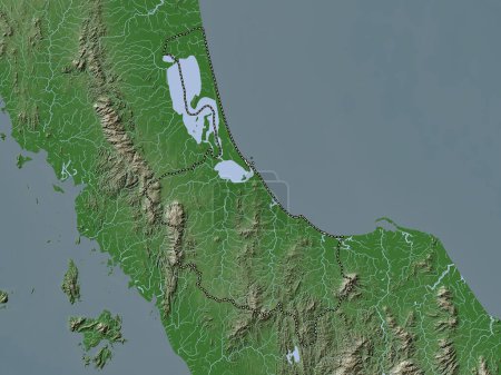 Téléchargez les photos : Songkhla, province de Thaïlande. Carte d'altitude colorée dans le style wiki avec des lacs et des rivières - en image libre de droit