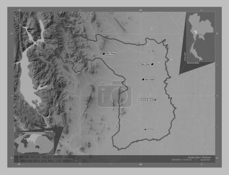 Photo for Suphan Buri, province of Thailand. Grayscale elevation map with lakes and rivers. Locations and names of major cities of the region. Corner auxiliary location maps - Royalty Free Image