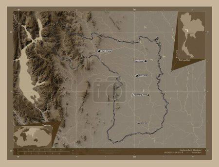 Photo for Suphan Buri, province of Thailand. Elevation map colored in sepia tones with lakes and rivers. Locations and names of major cities of the region. Corner auxiliary location maps - Royalty Free Image