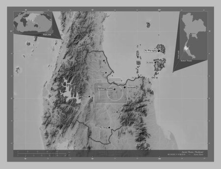 Foto de Surat Thani, provincia de Tailandia. Mapa de elevación a escala de grises con lagos y ríos. Ubicaciones y nombres de las principales ciudades de la región. Mapas de ubicación auxiliares de esquina - Imagen libre de derechos