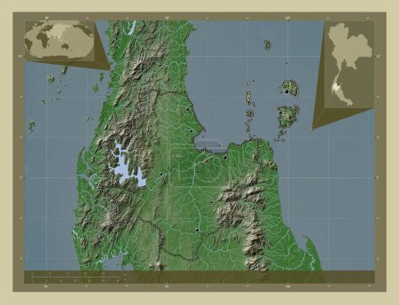 Foto de Surat Thani, provincia de Tailandia. Mapa de elevación coloreado en estilo wiki con lagos y ríos. Ubicaciones de las principales ciudades de la región. Mapas de ubicación auxiliares de esquina - Imagen libre de derechos