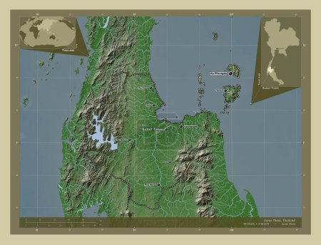 Foto de Surat Thani, provincia de Tailandia. Mapa de elevación coloreado en estilo wiki con lagos y ríos. Ubicaciones y nombres de las principales ciudades de la región. Mapas de ubicación auxiliares de esquina - Imagen libre de derechos