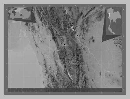 Photo for Tak, province of Thailand. Grayscale elevation map with lakes and rivers. Locations of major cities of the region. Corner auxiliary location maps - Royalty Free Image
