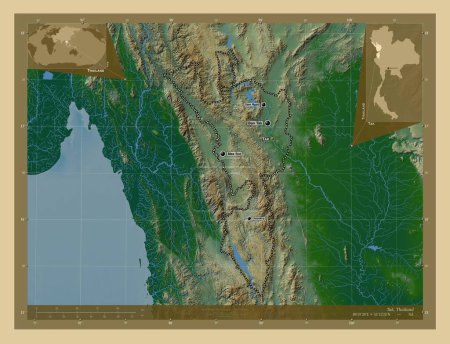 Photo for Tak, province of Thailand. Colored elevation map with lakes and rivers. Locations and names of major cities of the region. Corner auxiliary location maps - Royalty Free Image