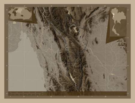Photo for Tak, province of Thailand. Elevation map colored in sepia tones with lakes and rivers. Locations of major cities of the region. Corner auxiliary location maps - Royalty Free Image
