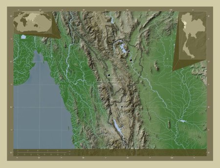Photo for Tak, province of Thailand. Elevation map colored in wiki style with lakes and rivers. Locations of major cities of the region. Corner auxiliary location maps - Royalty Free Image
