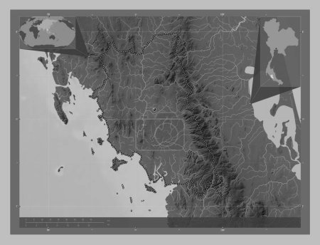 Téléchargez les photos : Trang, province of Thailand. Grayscale elevation map with lakes and rivers. Corner auxiliary location maps - en image libre de droit