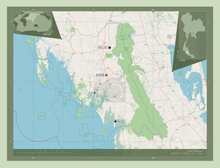 Téléchargez les photos : Trang, province of Thailand. Open Street Map. Locations and names of major cities of the region. Corner auxiliary location maps - en image libre de droit