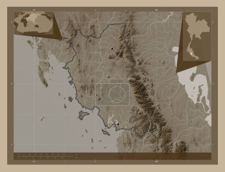 Photo for Trang, province of Thailand. Elevation map colored in sepia tones with lakes and rivers. Locations of major cities of the region. Corner auxiliary location maps - Royalty Free Image
