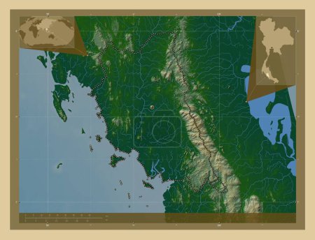 Foto de Trang, province of Thailand. Colored elevation map with lakes and rivers. Corner auxiliary location maps - Imagen libre de derechos