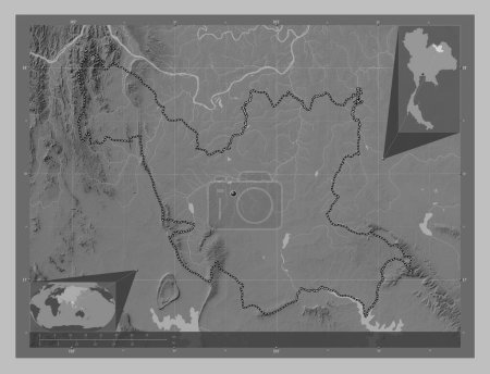 Photo for Udon Thani, province of Thailand. Grayscale elevation map with lakes and rivers. Corner auxiliary location maps - Royalty Free Image