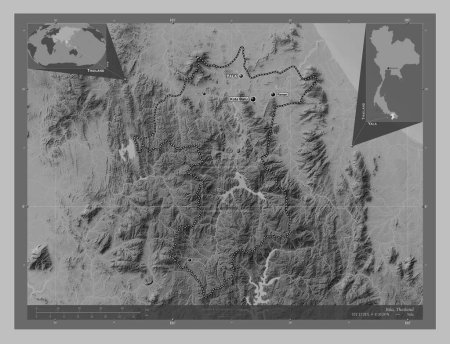 Foto de Yala, province of Thailand. Grayscale elevation map with lakes and rivers. Locations and names of major cities of the region. Corner auxiliary location maps - Imagen libre de derechos