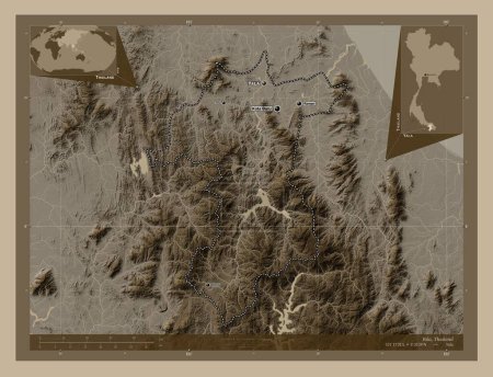 Foto de Yala, province of Thailand. Elevation map colored in sepia tones with lakes and rivers. Locations and names of major cities of the region. Corner auxiliary location maps - Imagen libre de derechos