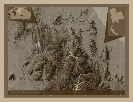 Photo for Yala, province of Thailand. Elevation map colored in sepia tones with lakes and rivers. Locations of major cities of the region. Corner auxiliary location maps - Royalty Free Image