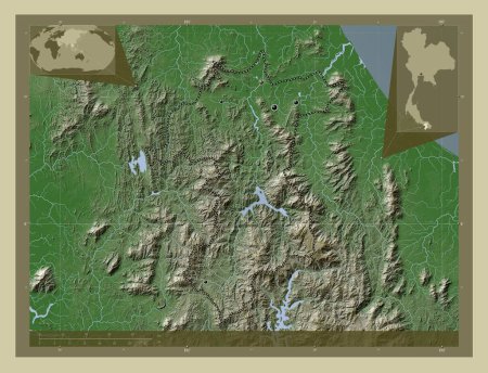 Photo for Yala, province of Thailand. Elevation map colored in wiki style with lakes and rivers. Locations of major cities of the region. Corner auxiliary location maps - Royalty Free Image