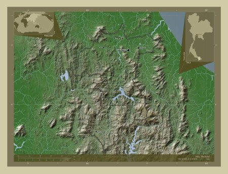 Photo for Yala, province of Thailand. Elevation map colored in wiki style with lakes and rivers. Locations and names of major cities of the region. Corner auxiliary location maps - Royalty Free Image