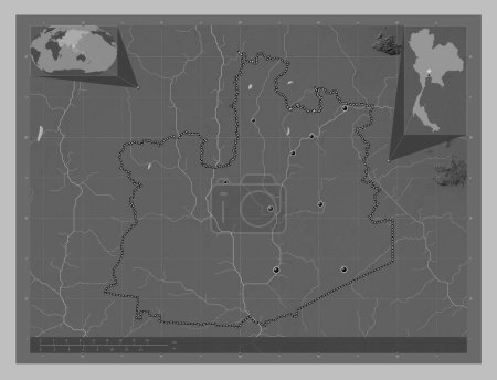 Photo for Phra Nakhon Si Ayutthaya, province of Thailand. Grayscale elevation map with lakes and rivers. Locations of major cities of the region. Corner auxiliary location maps - Royalty Free Image