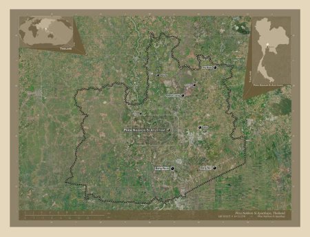 Photo for Phra Nakhon Si Ayutthaya, province of Thailand. High resolution satellite map. Locations and names of major cities of the region. Corner auxiliary location maps - Royalty Free Image