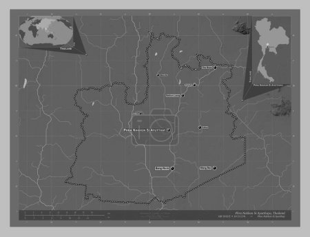 Photo for Phra Nakhon Si Ayutthaya, province of Thailand. Grayscale elevation map with lakes and rivers. Locations and names of major cities of the region. Corner auxiliary location maps - Royalty Free Image