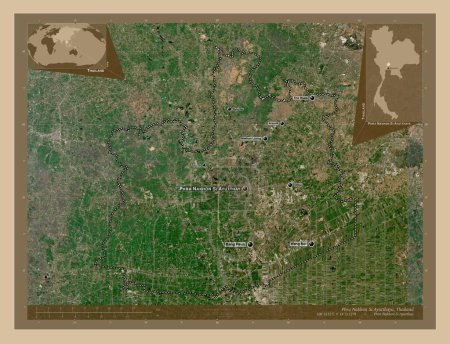 Foto de Phra Nakhon Si Ayutthaya, province of Thailand. Low resolution satellite map. Locations and names of major cities of the region. Corner auxiliary location maps - Imagen libre de derechos