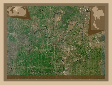Foto de Phra Nakhon Si Ayutthaya, province of Thailand. Low resolution satellite map. Locations of major cities of the region. Corner auxiliary location maps - Imagen libre de derechos