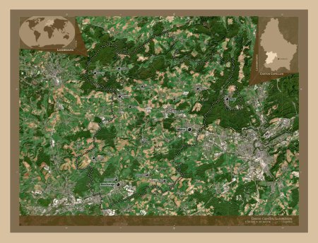 Foto de Cantón Capellen, cantón de Luxemburgo. Mapa satelital de baja resolución. Ubicaciones y nombres de las principales ciudades de la región. Mapas de ubicación auxiliares de esquina - Imagen libre de derechos