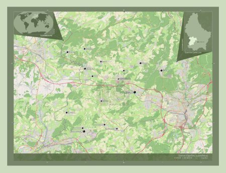 Foto de Cantón Capellen, cantón de Luxemburgo. Open Street Map. Ubicaciones y nombres de las principales ciudades de la región. Mapas de ubicación auxiliares de esquina - Imagen libre de derechos