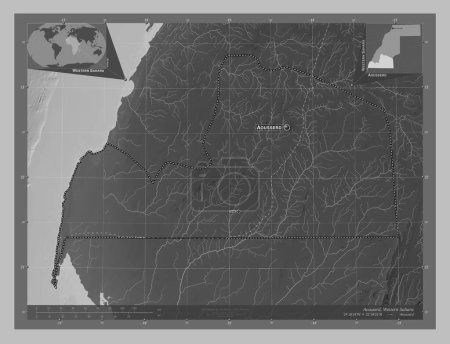 Photo for Aousserd, province of Western Sahara. Grayscale elevation map with lakes and rivers. Locations and names of major cities of the region. Corner auxiliary location maps - Royalty Free Image