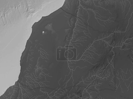 Téléchargez les photos : Boujdour, province du Sahara Occidental. Carte d'altitude en niveaux de gris avec lacs et rivières - en image libre de droit