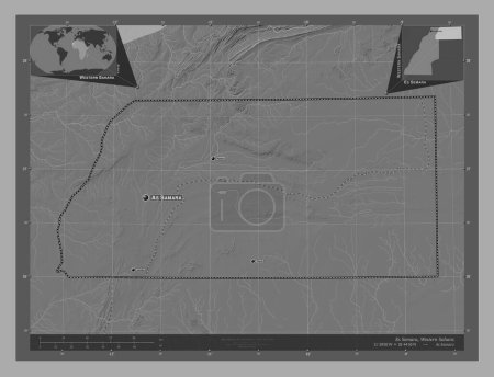 Téléchargez les photos : Es Semara, province du Sahara Occidental. Carte d'altitude de Bilevel avec lacs et rivières. Emplacements et noms des grandes villes de la région. Corner cartes de localisation auxiliaires - en image libre de droit